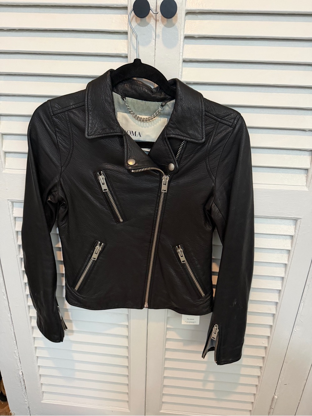 Doma Black Leather Asymmetrical Zip Moto Jacket